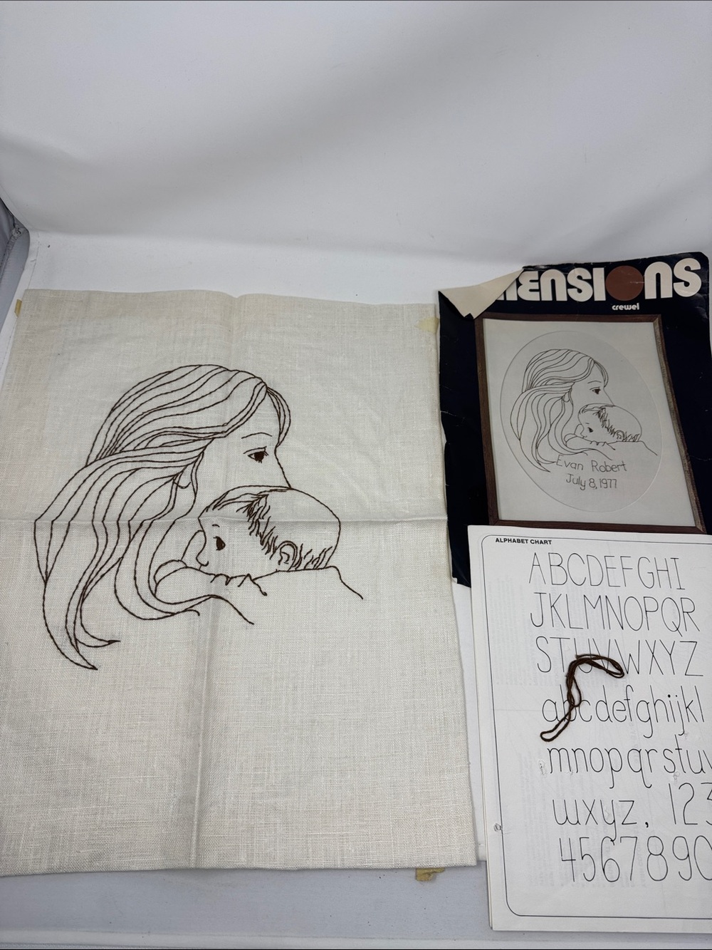 VINTAGE CREWEL EMBROIDERY COMPLETED MOTHER AND CHILD DIMENSIONS 1978 KIT